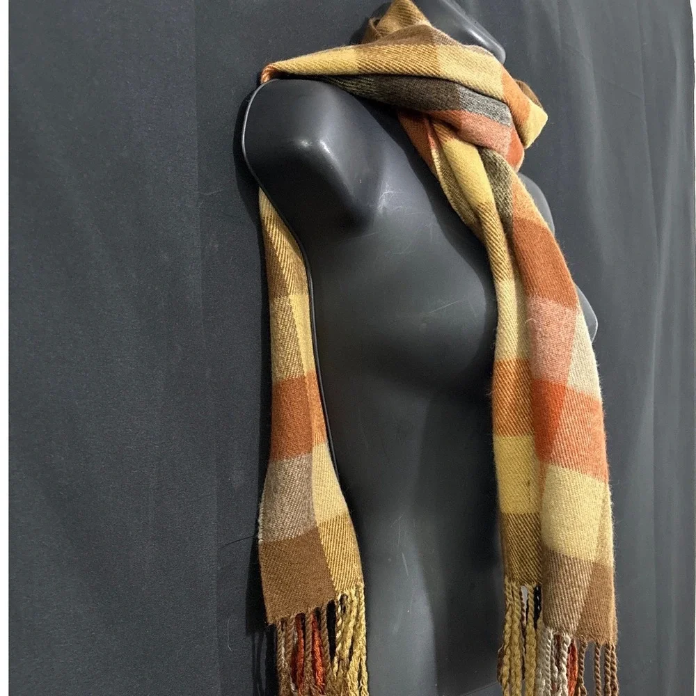 Jeffrey Banks Scarf Mens Chocolate Brown Orange Plaid Fringed Granola‎ Gorpcore